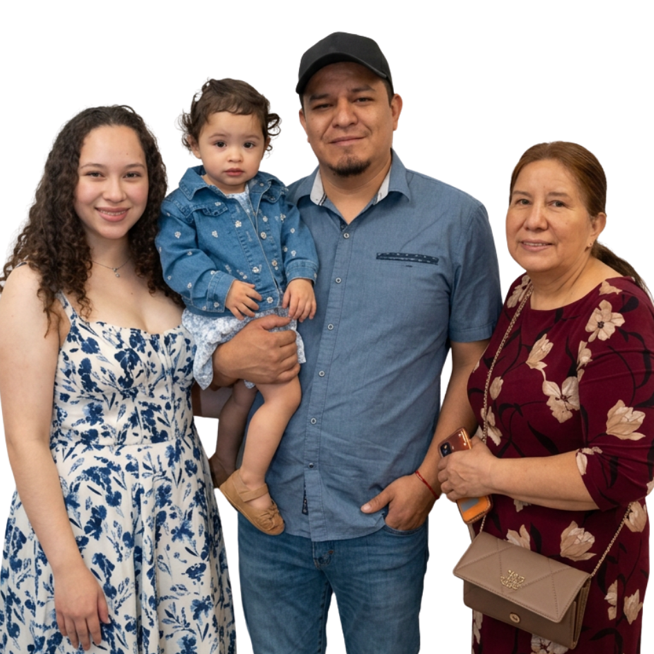 Photo of family smiling at camera